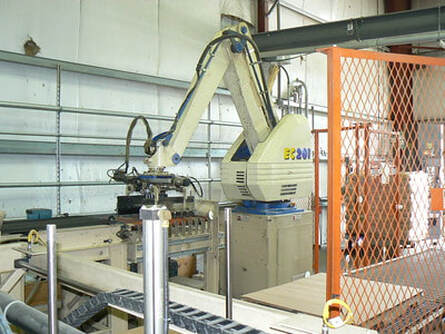 Picture of an Industrial Robot designed to pack pallets and prepare them for shipping.